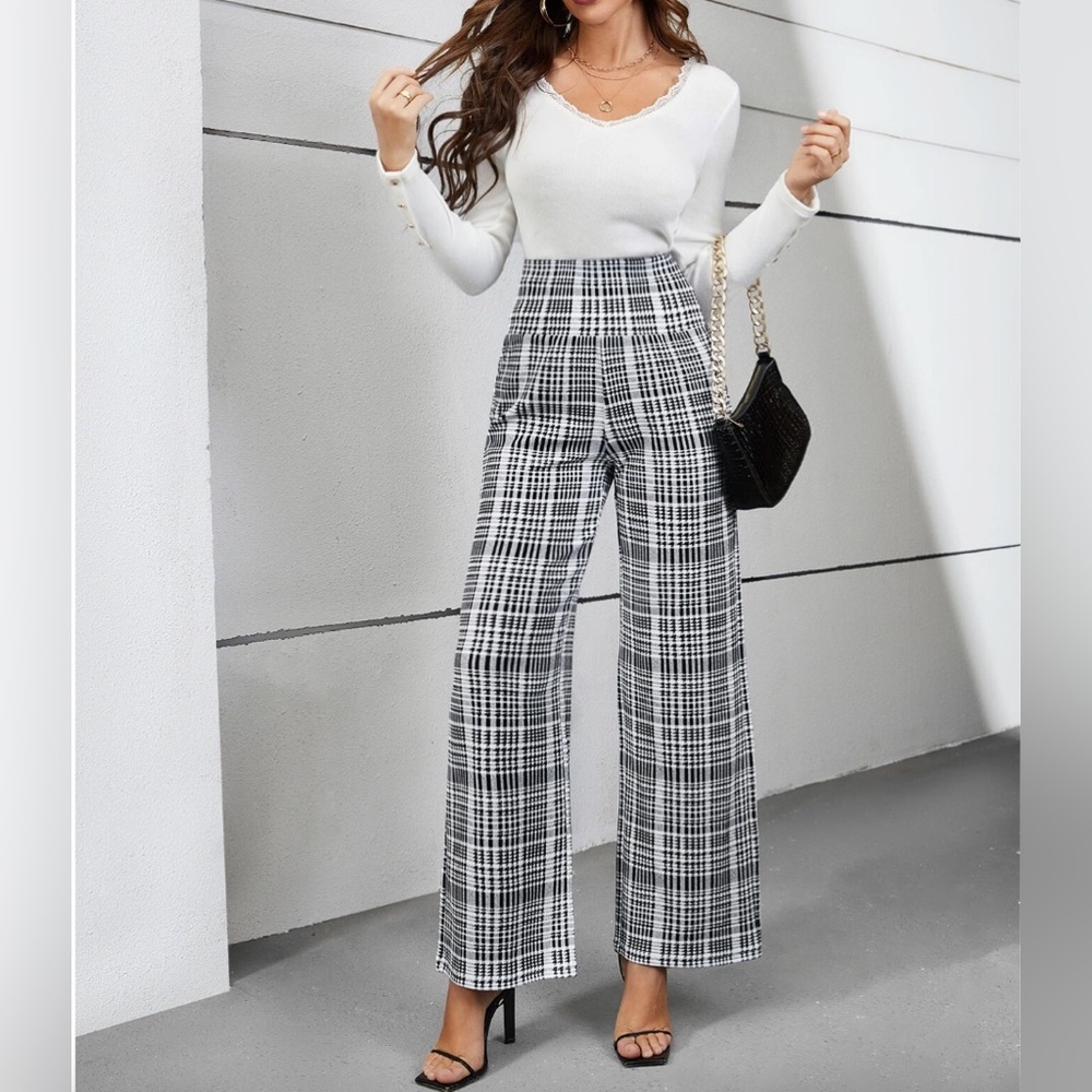 High Waist Plaid Wide Leg Pants